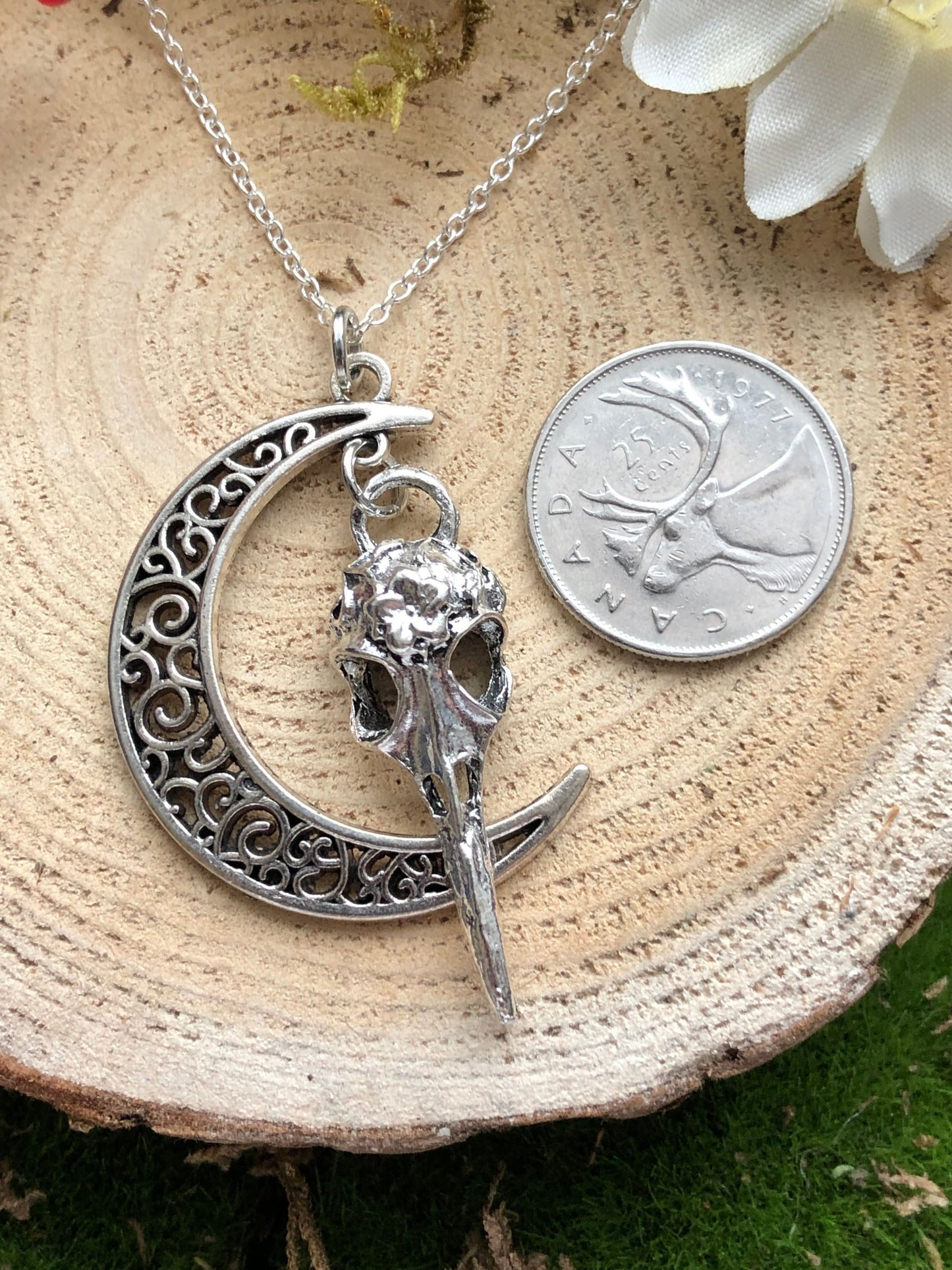 Raven Skull and Crescent Moon Charm Pendant Necklace - Bird Skeleton Lunar Talisman - Luna Falcon Skeletal Jewelry - Gothic Valentines gift