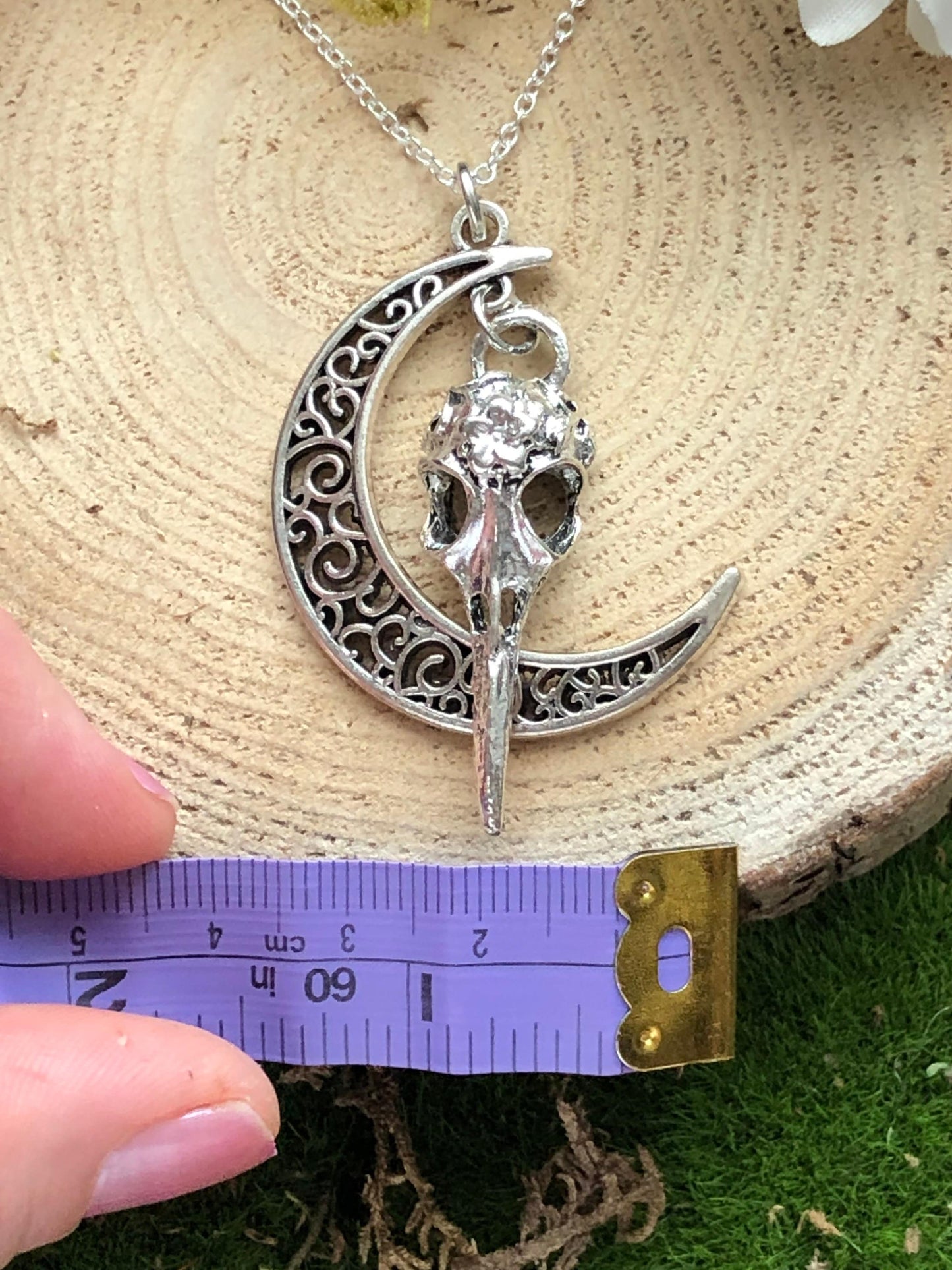 Raven Skull and Crescent Moon Charm Pendant Necklace - Bird Skeleton Lunar Talisman - Luna Falcon Skeletal Jewelry - Gothic Valentines gift