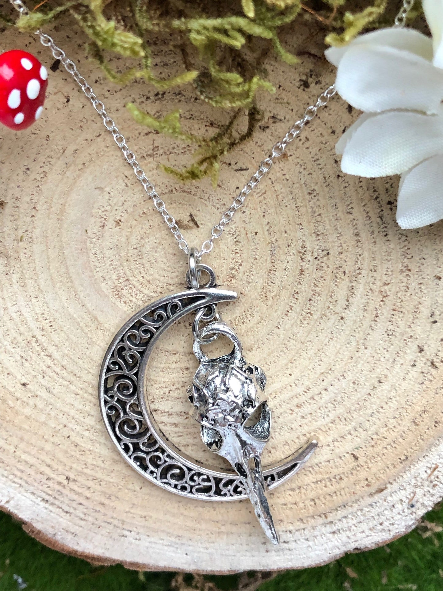 Raven Skull and Crescent Moon Charm Pendant Necklace - Bird Skeleton Lunar Talisman - Luna Falcon Skeletal Jewelry - Gothic Valentines gift