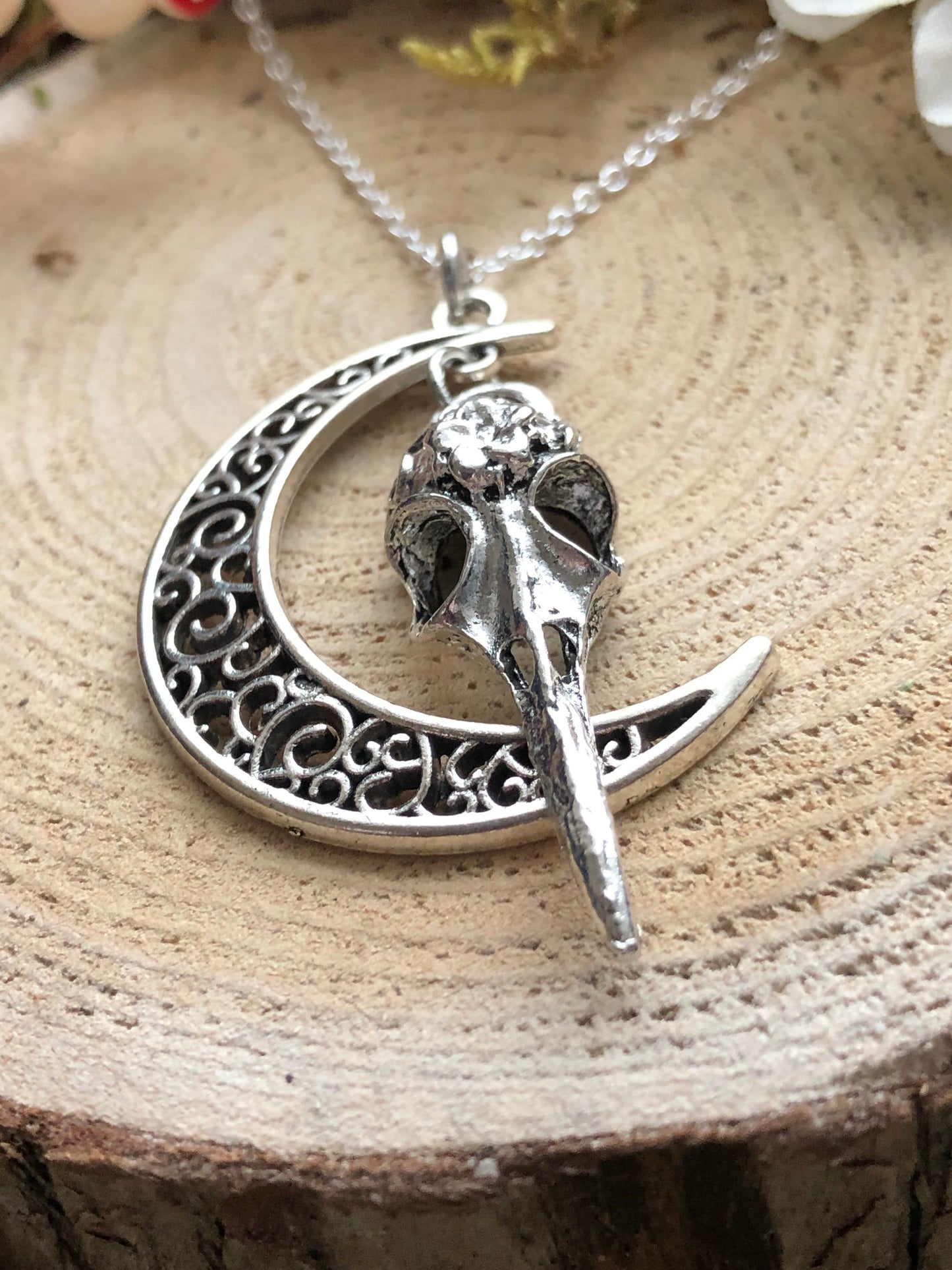 Raven Skull and Crescent Moon Charm Pendant Necklace - Bird Skeleton Lunar Talisman - Luna Falcon Skeletal Jewelry - Gothic Valentines gift