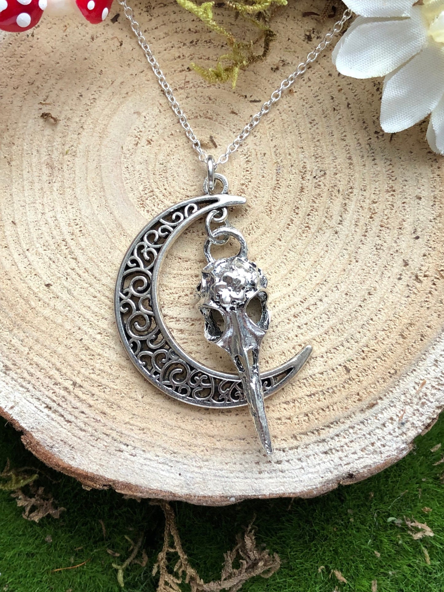 Raven Skull and Crescent Moon Charm Pendant Necklace - Bird Skeleton Lunar Talisman - Luna Falcon Skeletal Jewelry - Gothic Valentines gift