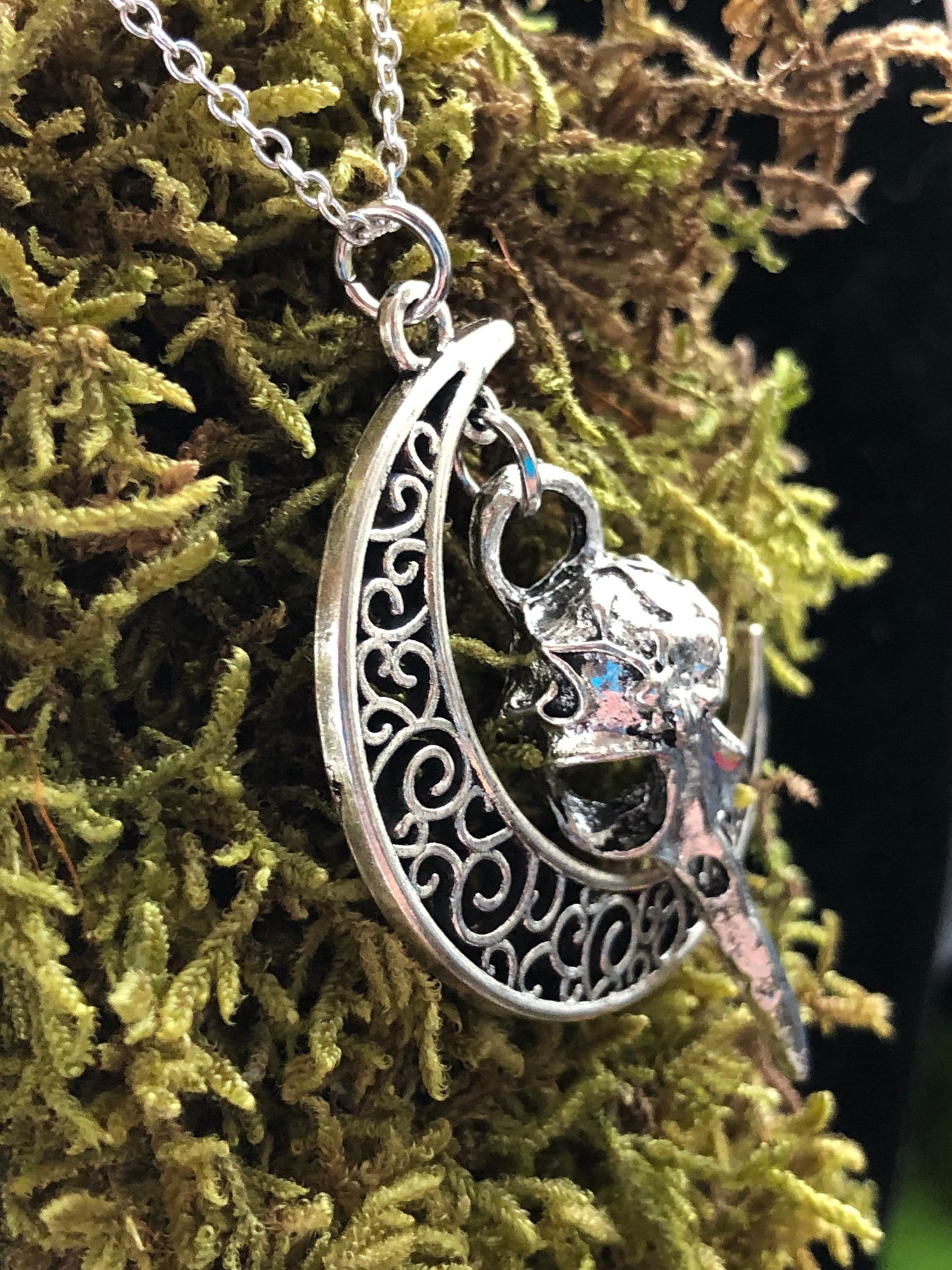 Raven Skull and Crescent Moon Charm Pendant Necklace - Bird Skeleton Lunar Talisman - Luna Falcon Skeletal Jewelry - Gothic Valentines gift