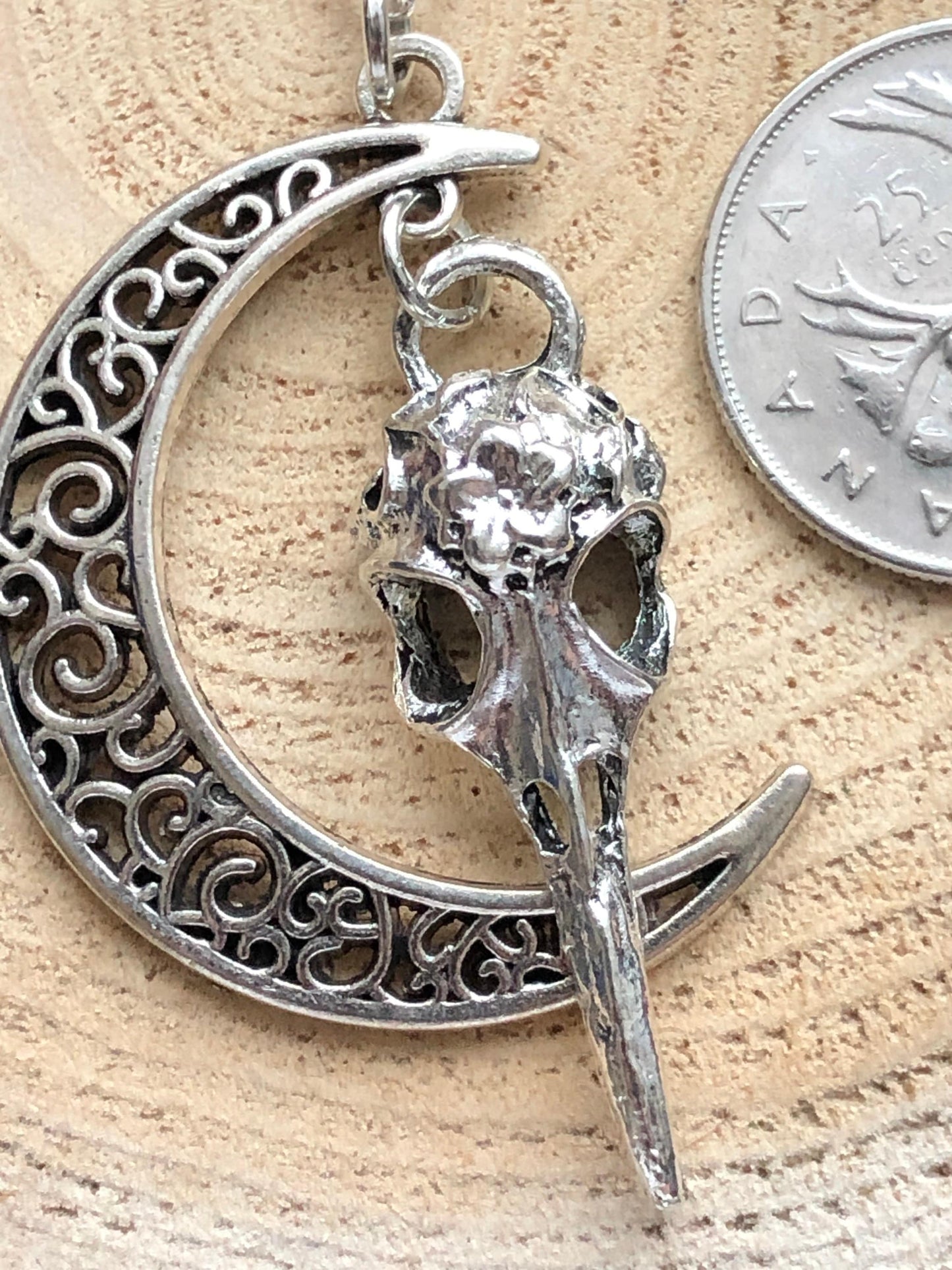 Raven Skull and Crescent Moon Charm Pendant Necklace - Bird Skeleton Lunar Talisman - Luna Falcon Skeletal Jewelry - Gothic Valentines gift