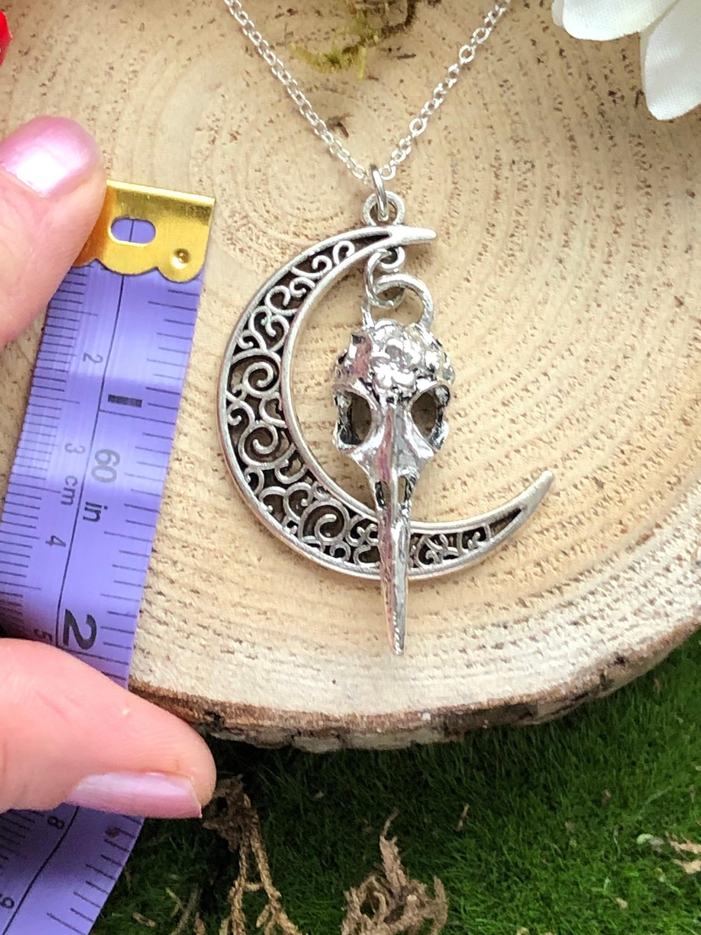 Raven Skull and Crescent Moon Charm Pendant Necklace - Bird Skeleton Lunar Talisman - Luna Falcon Skeletal Jewelry - Gothic Valentines gift