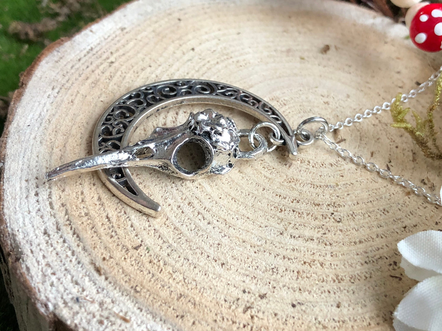 Raven Skull and Crescent Moon Charm Pendant Necklace - Bird Skeleton Lunar Talisman - Luna Falcon Skeletal Jewelry - Gothic Valentines gift