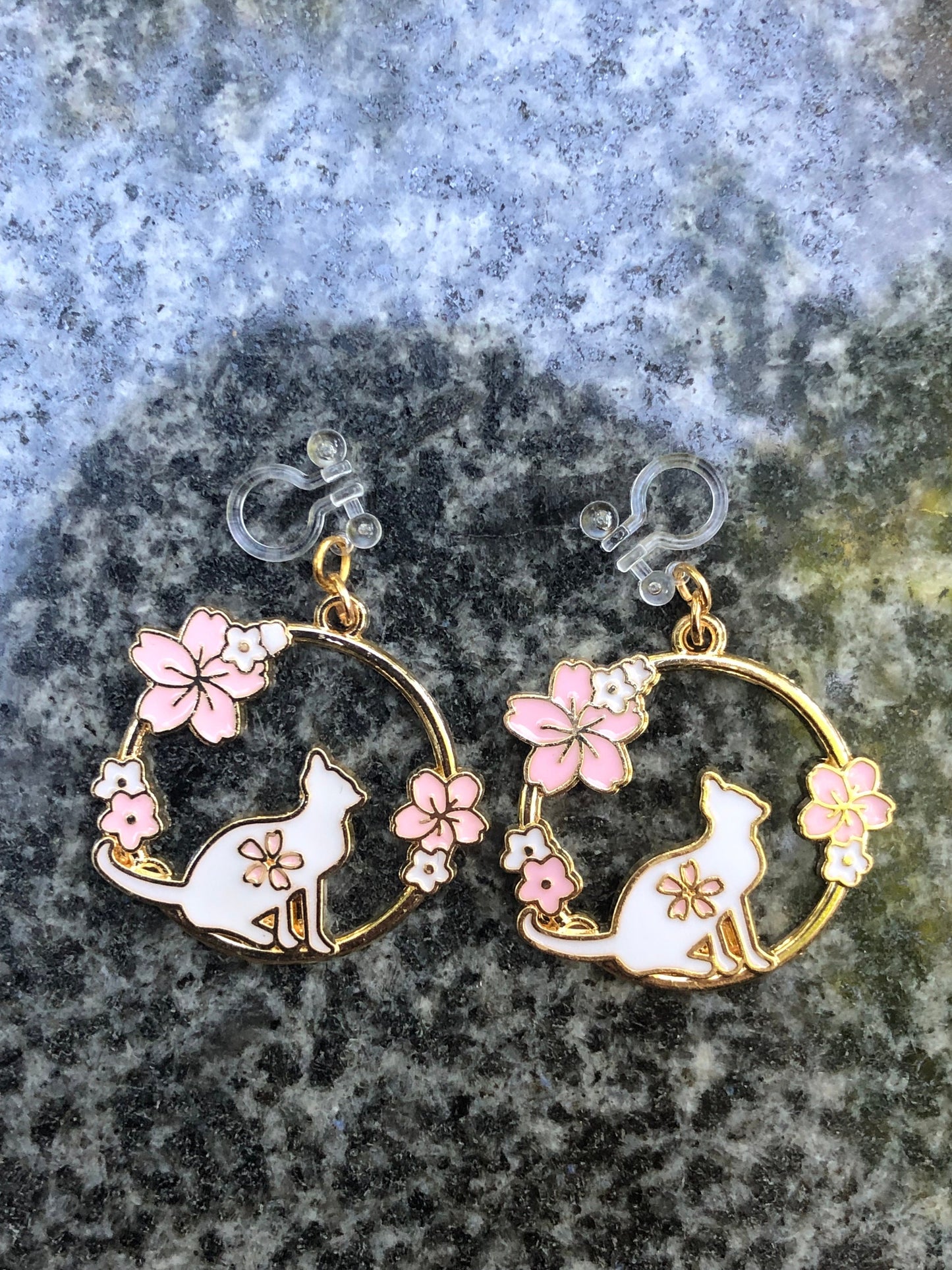 Cute Cat with Cherry Blossoms Earrings - Hypoallergenic Options