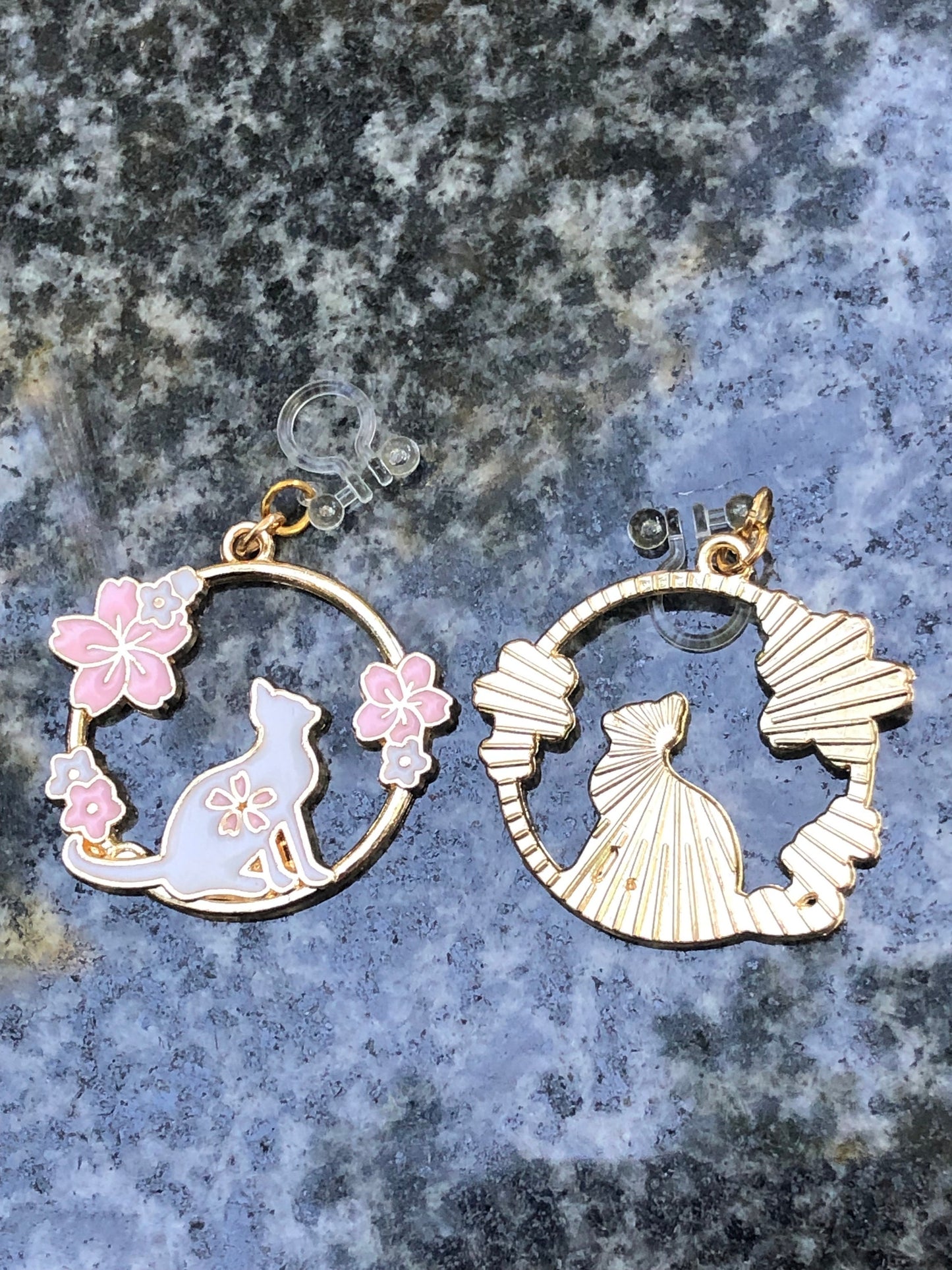 Cute Cat with Cherry Blossoms Earrings - Hypoallergenic Options