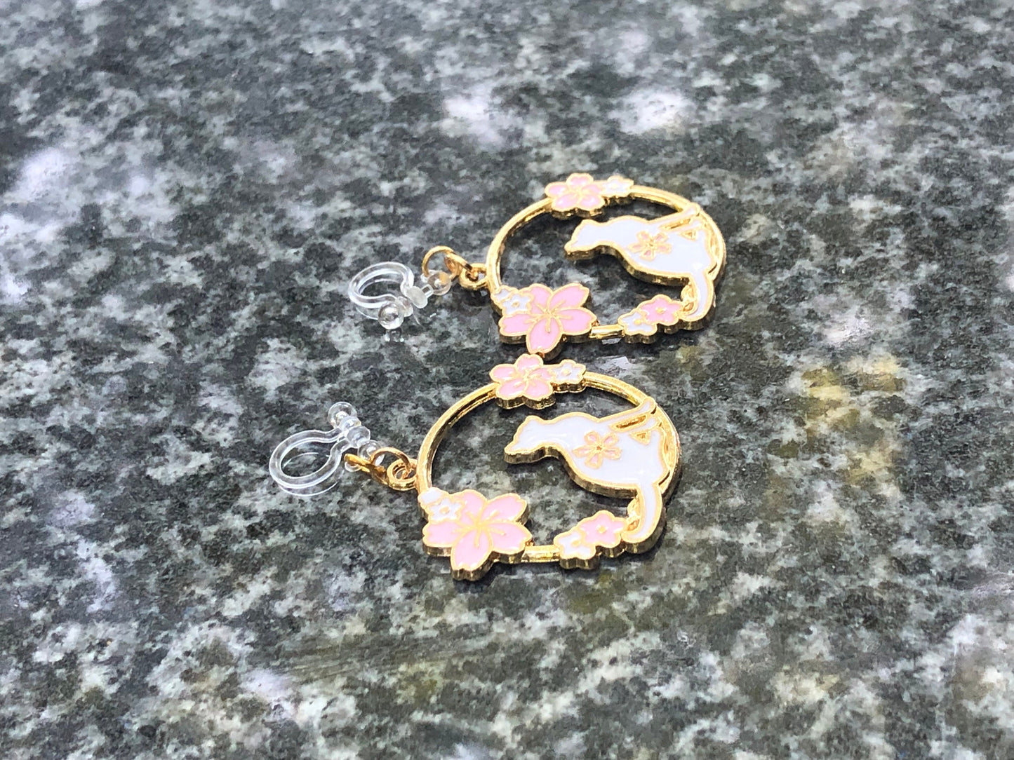 Cute Cat with Cherry Blossoms Earrings - Hypoallergenic Options