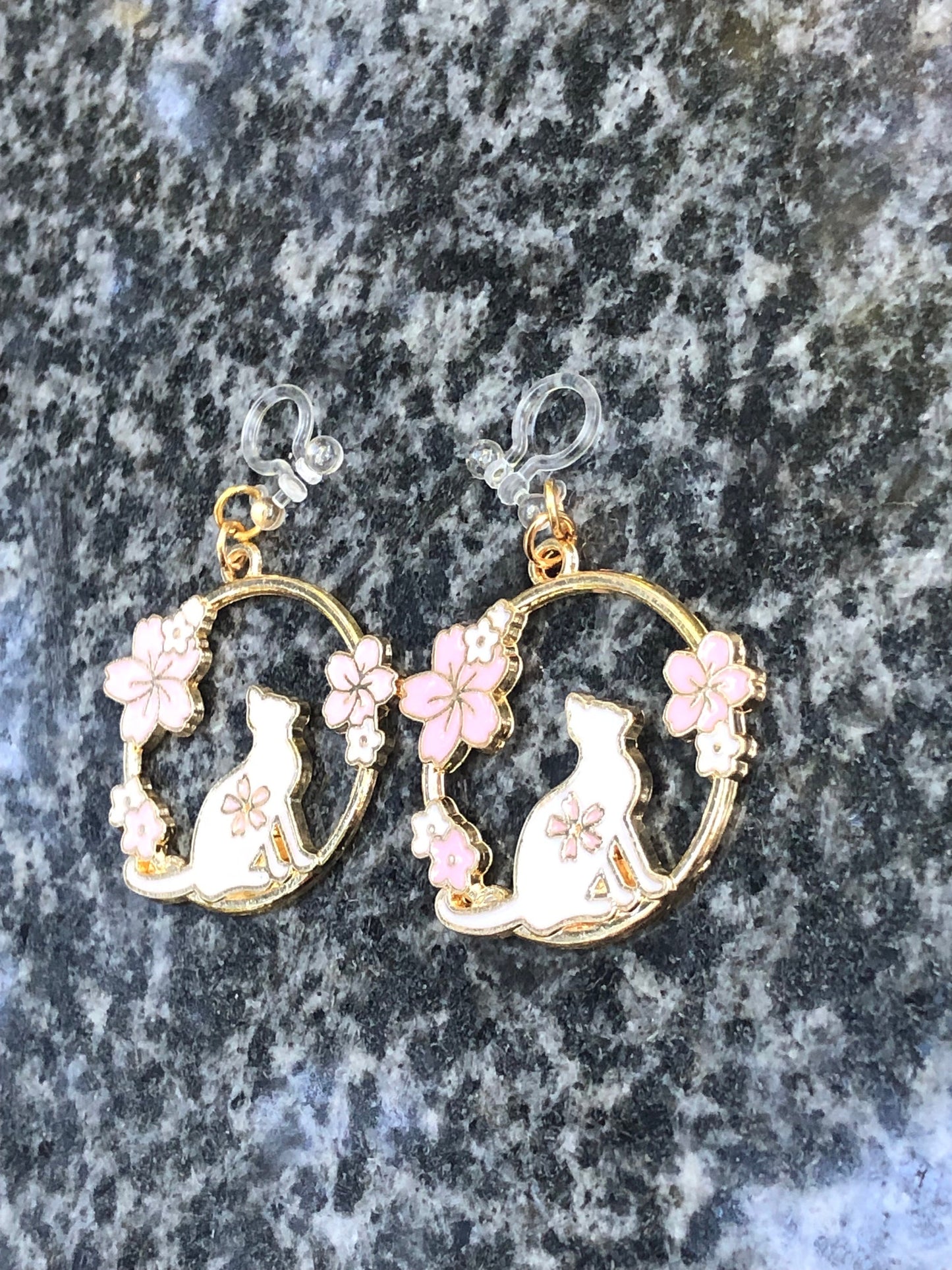 Cute Cat with Cherry Blossoms Earrings - Hypoallergenic Options