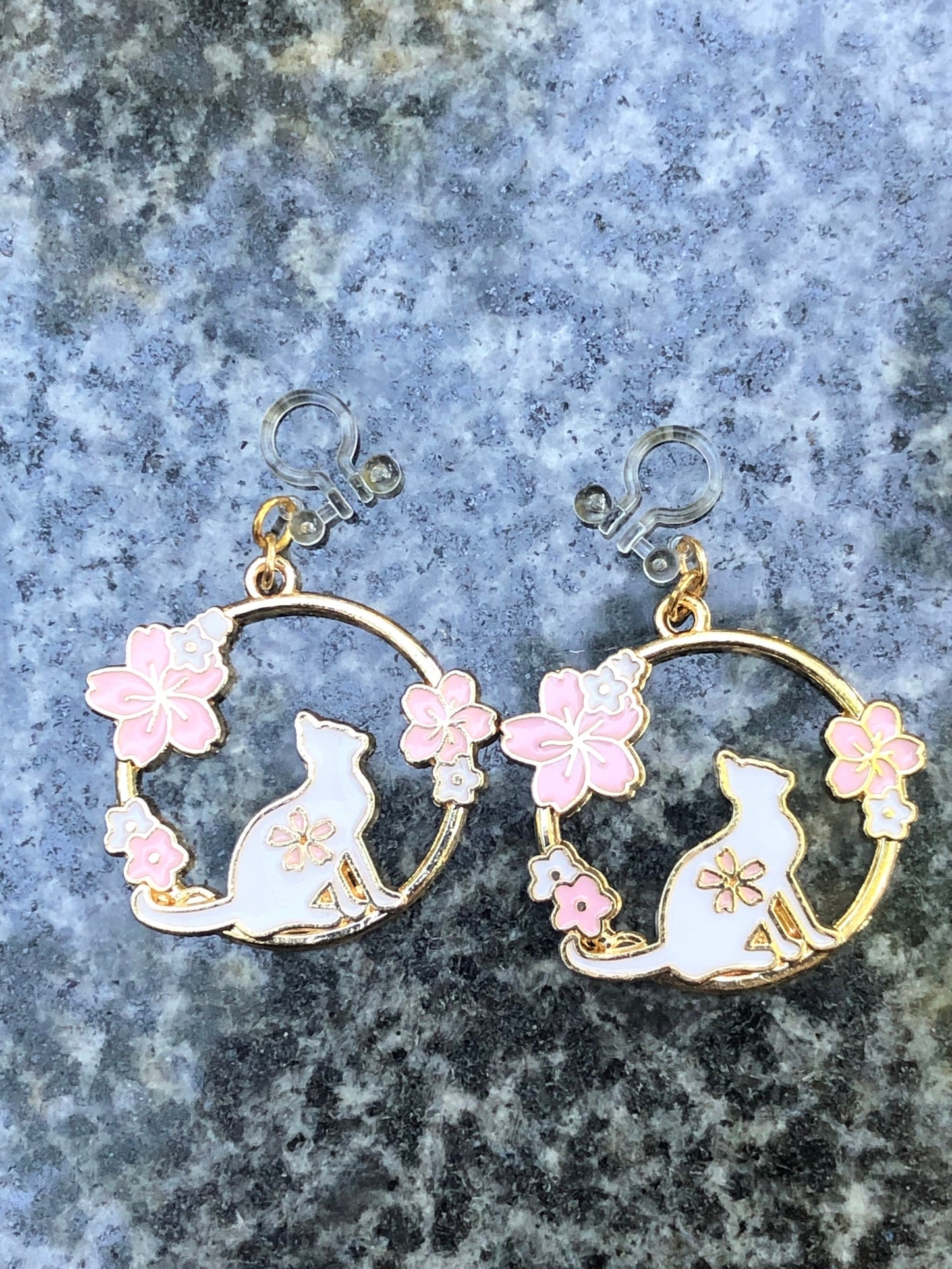 Cute Cat with Cherry Blossoms Earrings - Hypoallergenic Options