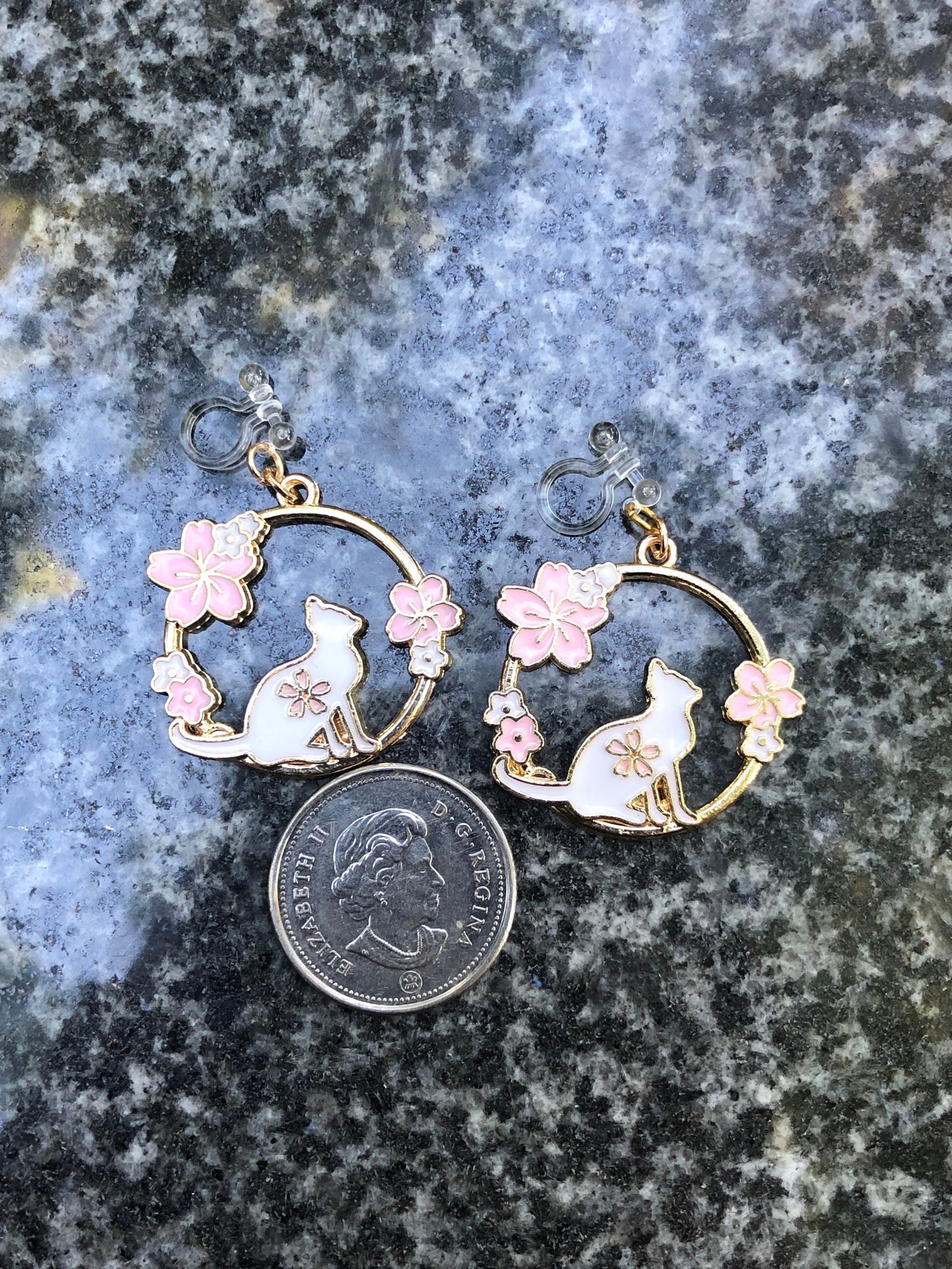 Cute Cat with Cherry Blossoms Earrings - Hypoallergenic Options