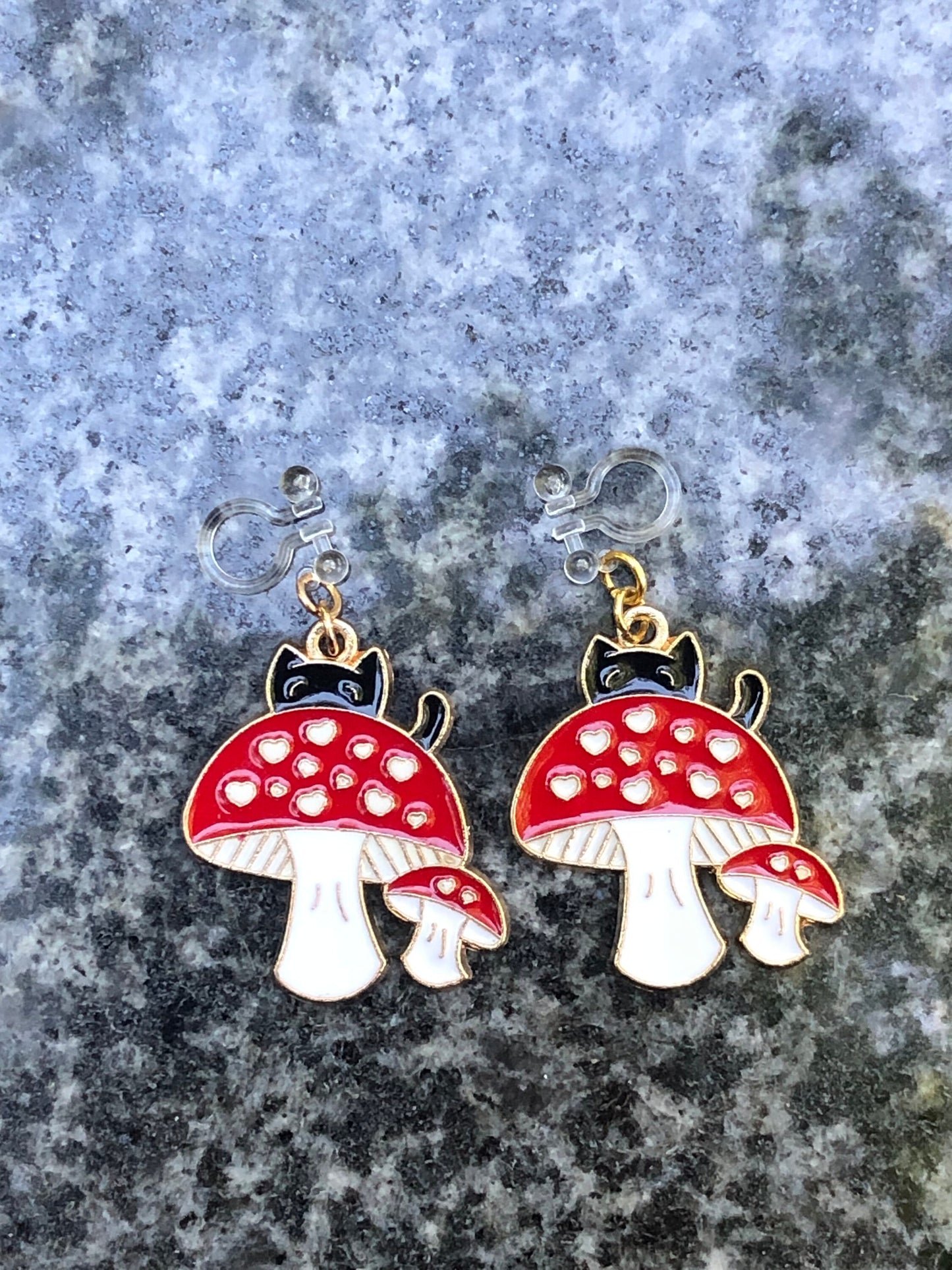 Cute Cat On Mushroom Resin Earrings - Hypoallergenic Options