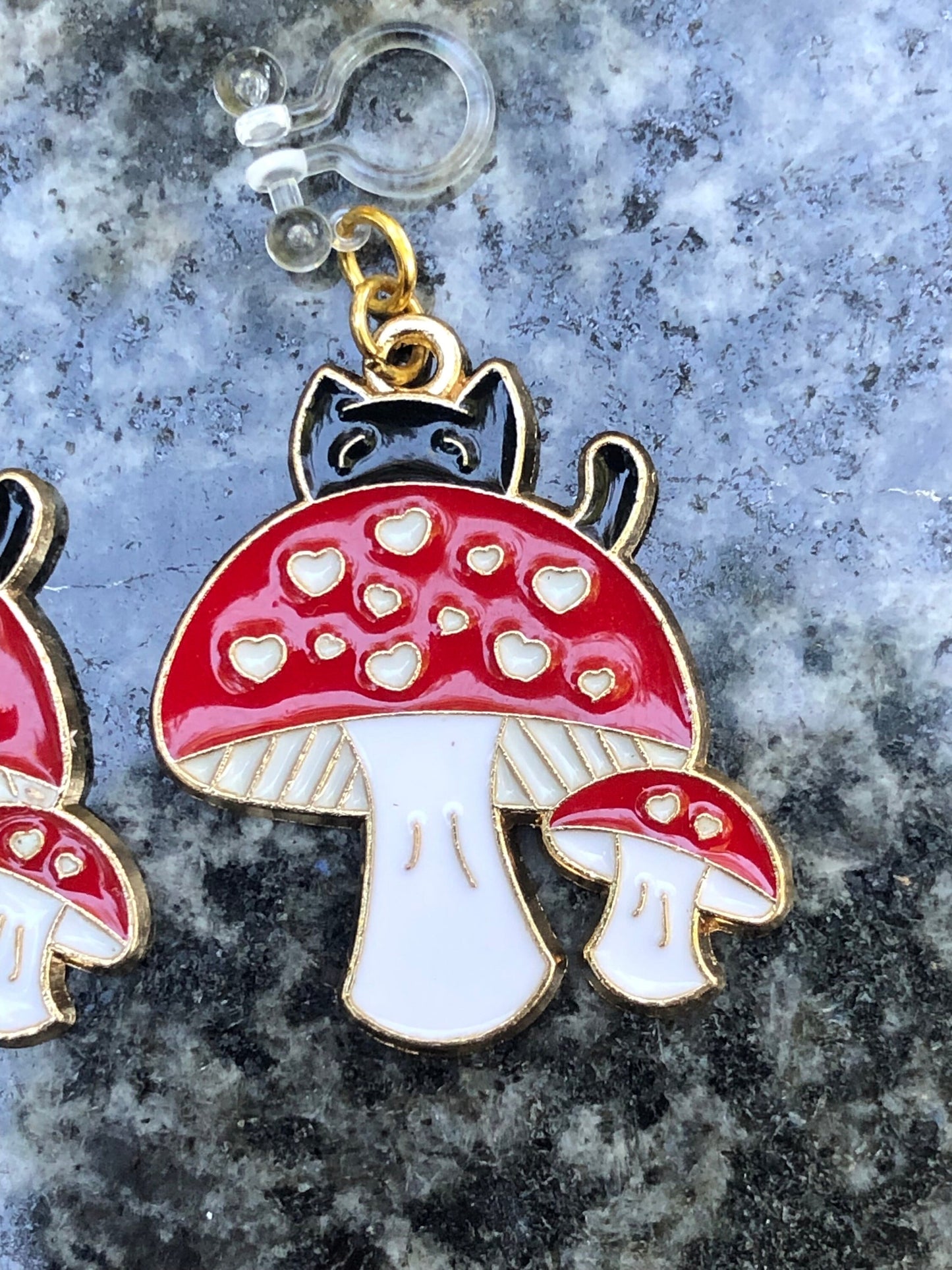 Cute Cat On Mushroom Resin Earrings - Hypoallergenic Options